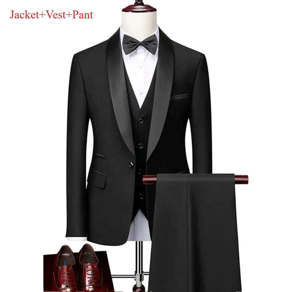 Men's Lapel Black Suit Set Coat Vest Trousers / Business Groomsmen Groom Wedding Dress Fprmal Blazer Pants