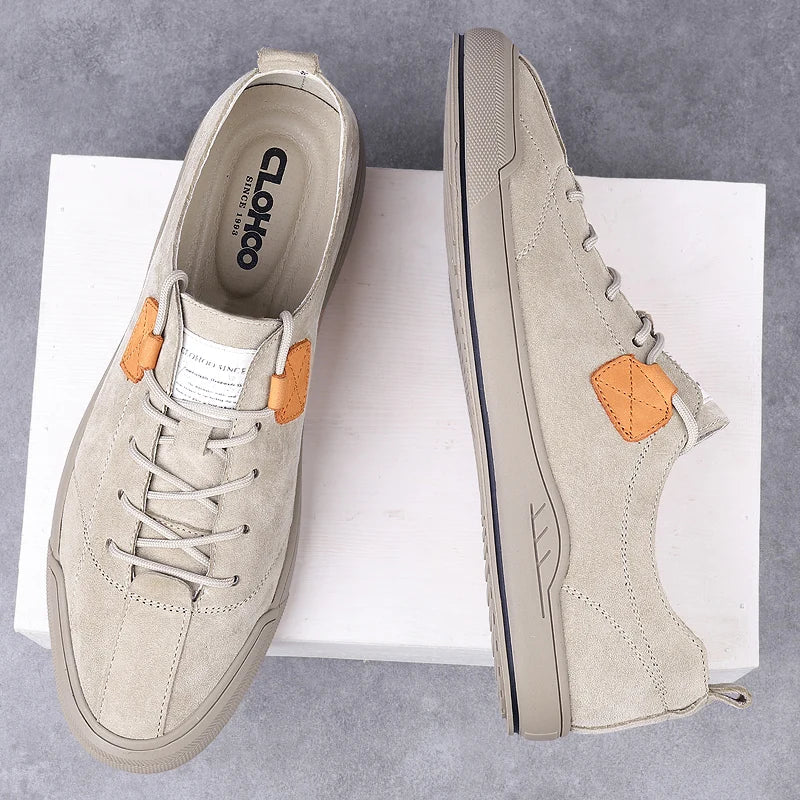 New Soft-Soled Mens Vulcanized Shoes Suede Leather Men Sneakers Fashion Lace-up Solid Shoes Rubber Flats Spring Man Casual Shoes