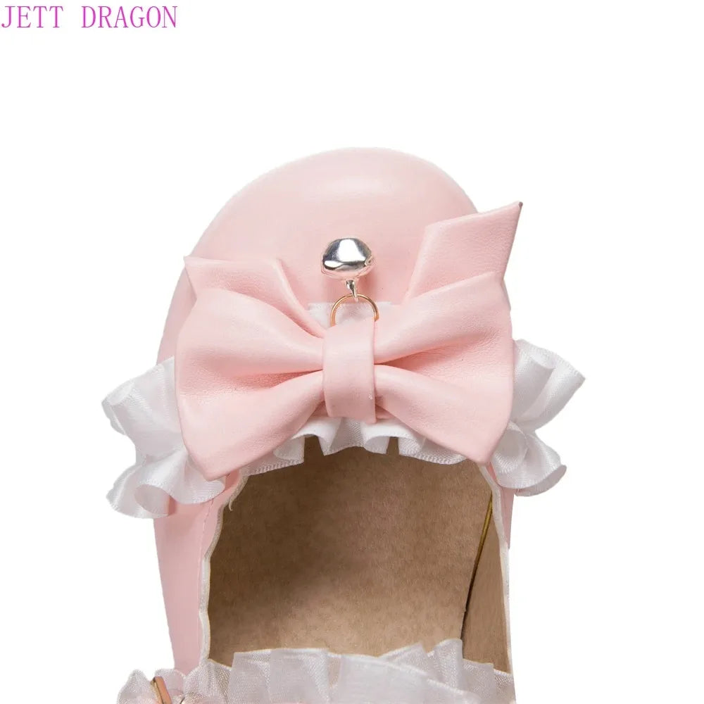2025 Women High Heels Cross Strap Mary Jane Pumps Party Wedding White Pink Black Ruffles Bow Princess Cosplay Lolita Shoes 41