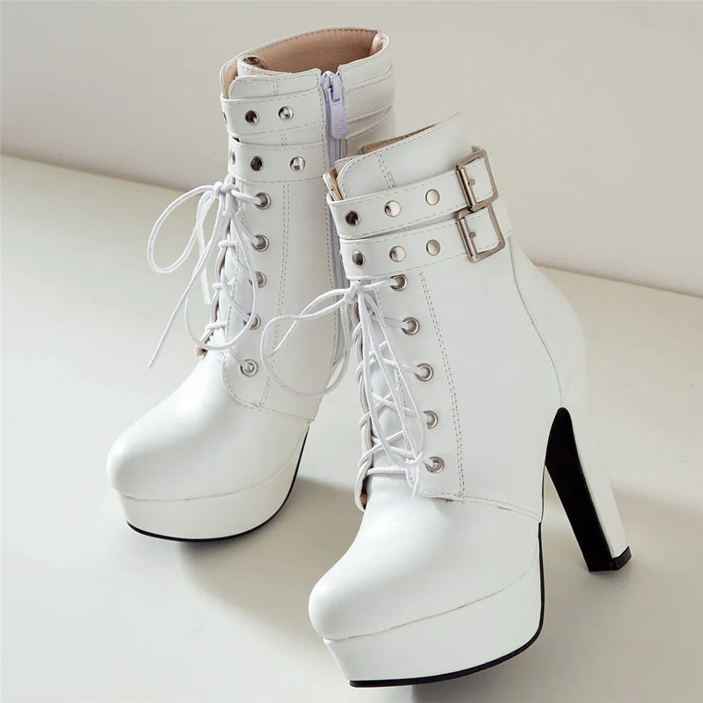 Women Ankle Boots Platform Lace-Up High Heels Short Boot Female Buckle Autumn Winter Red Yellow White Sexy Shoes Large Size34-46