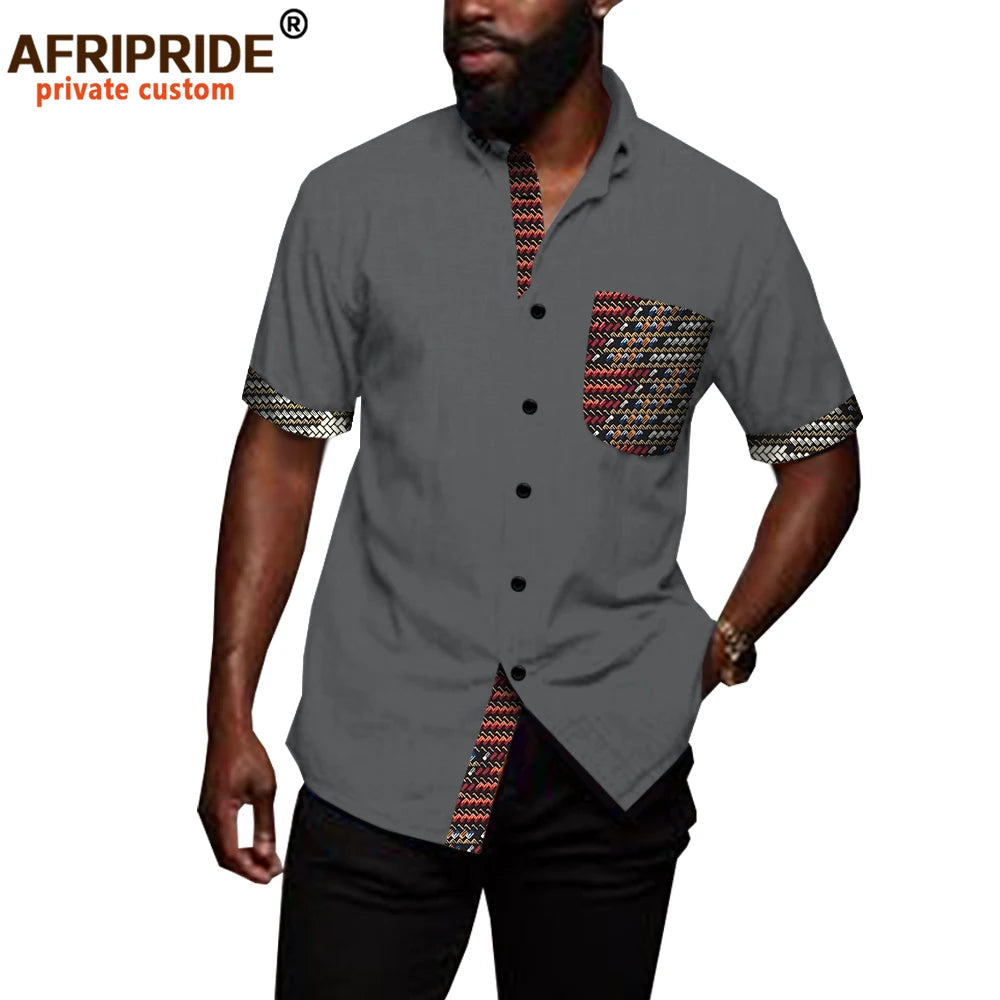 African Shirts for Men Denim Thin Shirt Short Sleeve Pockets Slim Slight Elastic Jeans Cowboy Shirt Clothing Crop Top A2012006