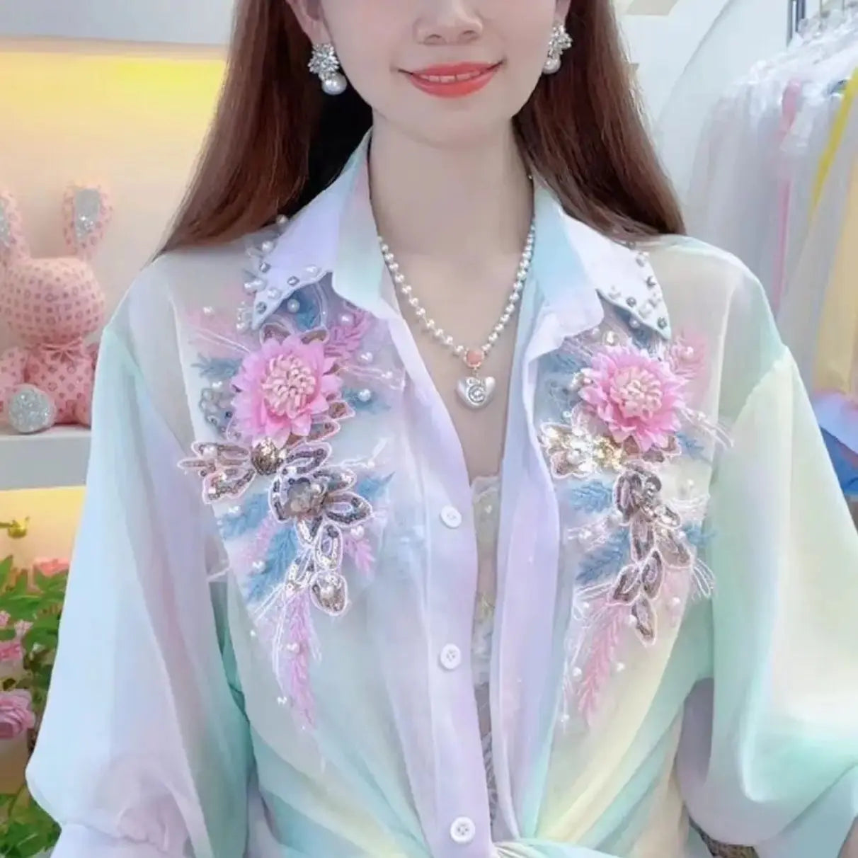 2024 Summer New Office Lady Temperament Sequined Bead Embroidered 3D Flower Chiffon Sun Protetion Casual Half-sleeved Shirt