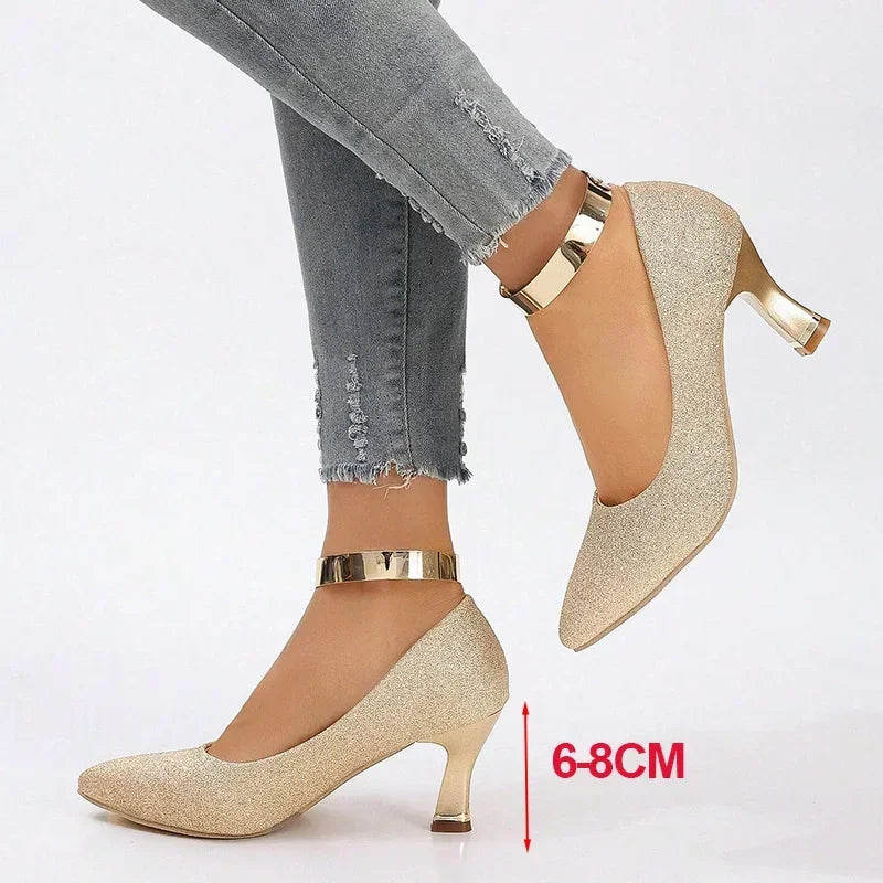 Shiny Gold Sequin High Heels Pumps for Women 2025 Autumn Fashion Thin Heeled Party Wedding Shoes Pointed Toe Slip-On Pumps Mujer