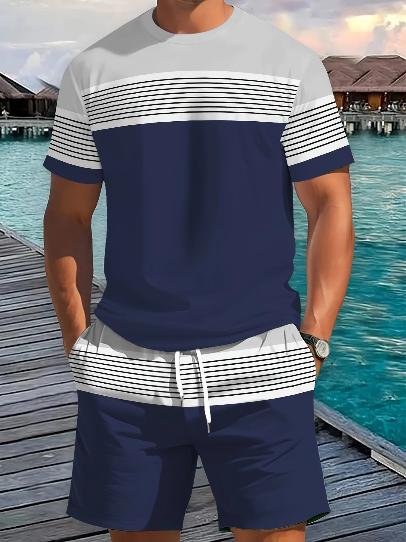 New Summer Men's Sportswear Striped Short-Sleeve T-Shirt Set Two-Piece Outdoor Travel Apparel Relaxed-Fit Shorts Training Wear