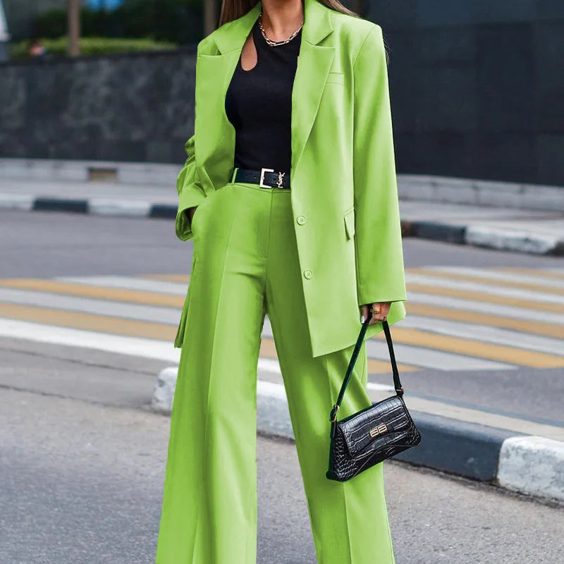 Women's Trousers Suit Casual Long Sleeve Jacket + Wide Leg Pant Female 2 Pieces Blazer Set Ladies Fashion Elegant Pant Suit