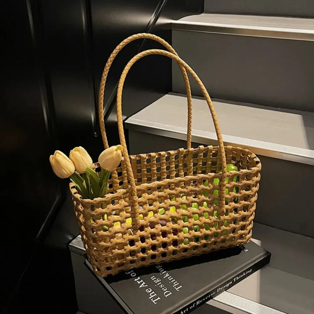 Simple Woven Women's Shoulder Bag Solid Color Large Capacity Tote Bag Hollow Handbag