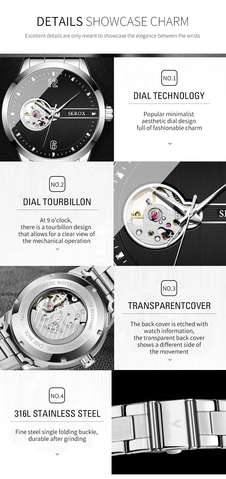 Original Genuine SKROX High-end Luxury Stainless Steel Skeleton Automatic Mens Watch Mechanical Waterproof Elegant Wrist Watches
