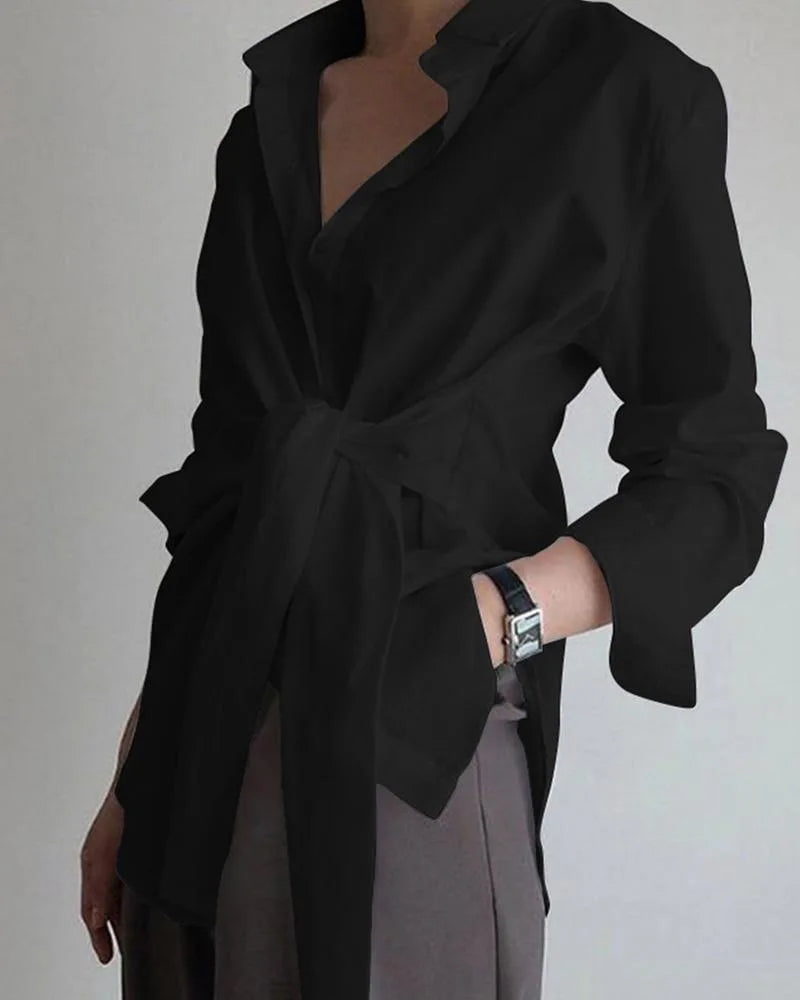 Slim Button White Shirt Women Fashion Tops Office Lady Shirt Loose Long Sleeve Blouse Female Ruched Lace Up Solid Blouse 18659