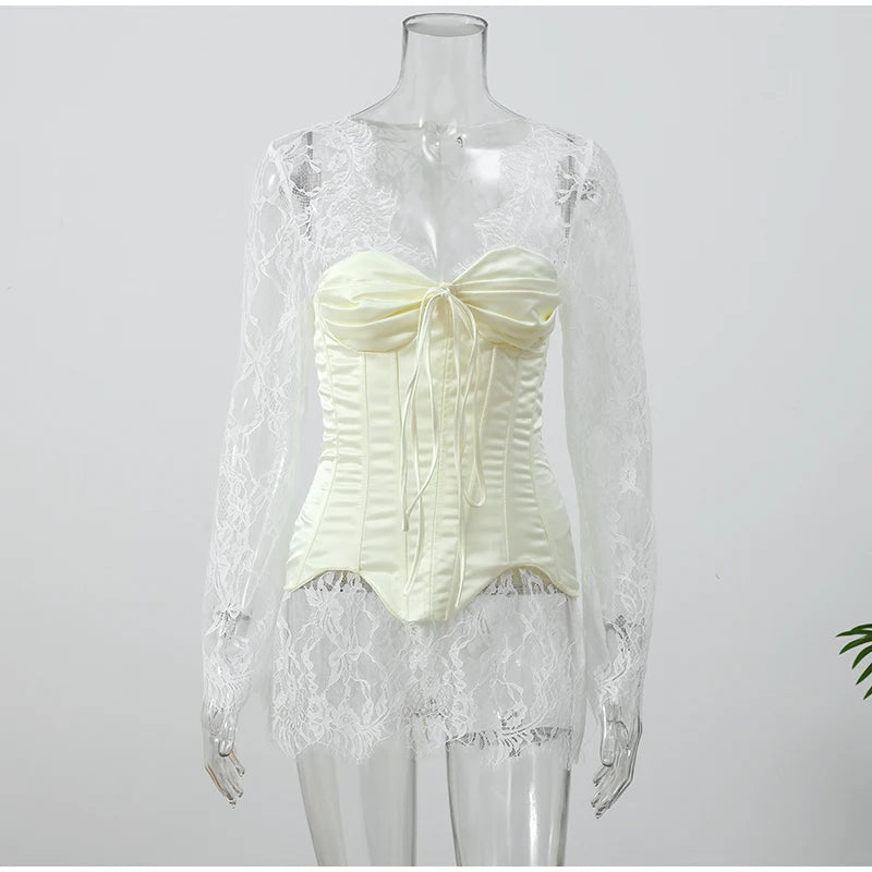 Sexy Lace Patchwork Dress Women Solid V-neck Fishbone Corset Slim Waist Long Sleeve Mini Dresses 2026 Summer Lady Party Gown