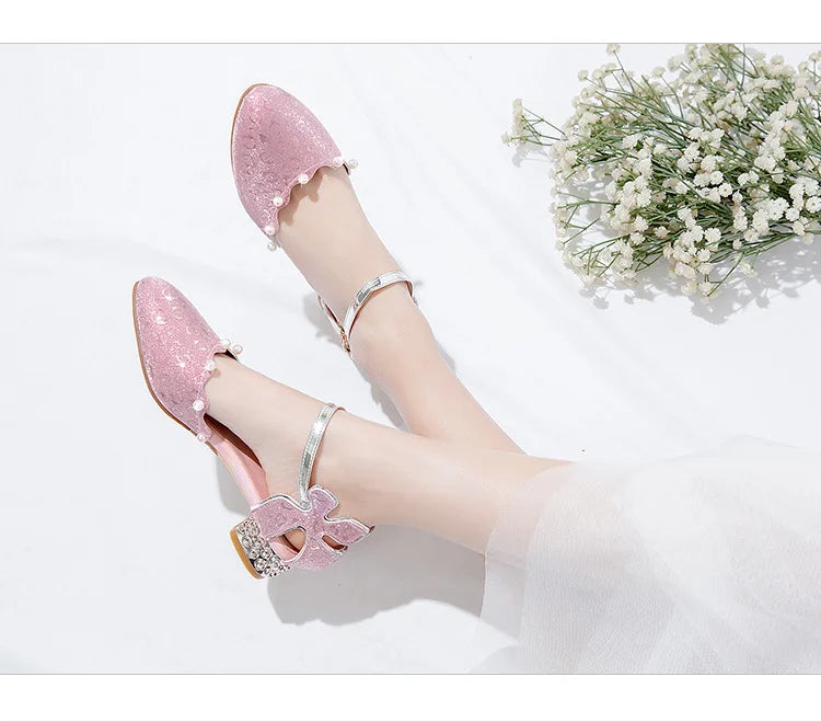 Princess Kids Leather Shoes Girls Sandal Sweet Pearl Casual Glitter Children High Heels Girls Party Dance Shoes Pink Gold Silver