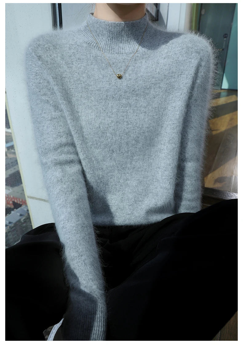 2024 Autumn And Winter New Women's Semi High Neck New Fashion Mink Sweater Long Sleeved Loose Sweater Slimming Knit Sweater Base