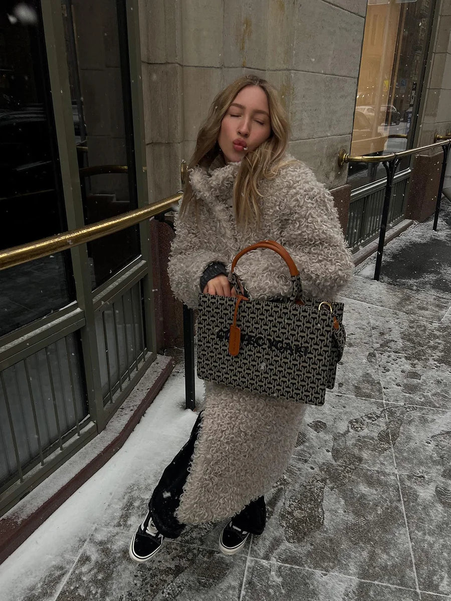Gray Wool Faux Fur Shearling Long Coat for Women Winter 2025 Winter Fashion Trendy Teddy Maxi Coat Monki Curly Clean Fit Outwear