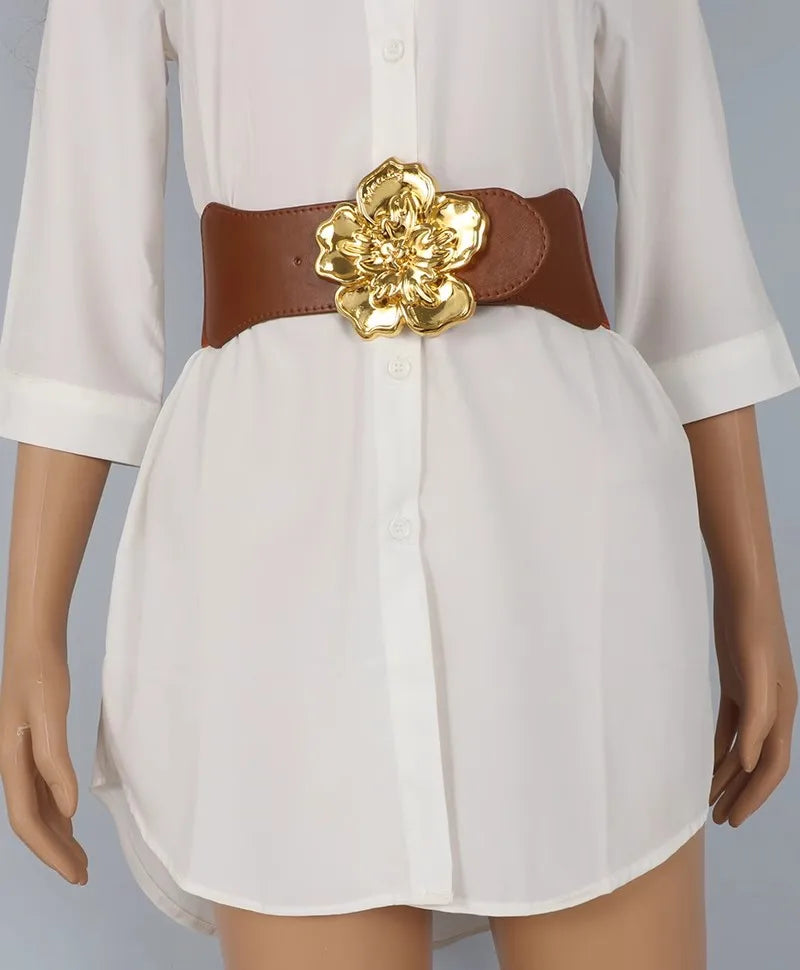 Women's Fashion Flower Buckle PU Leather Elastic  Corset Female Cummerbund Coat Waistband Dress Decration Wide Belt  J088 BAZAARHUBO