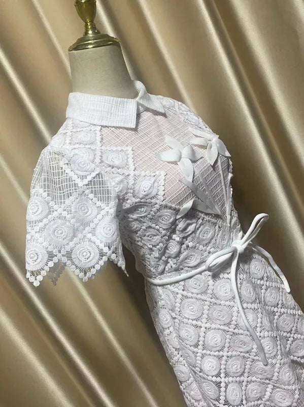 QMQA Fashion Women's Evening Dress Lapel Short Sleeve Lace Patchwork 3D Flower Lace-up Elegant Dresses Spring 2025 New QM269