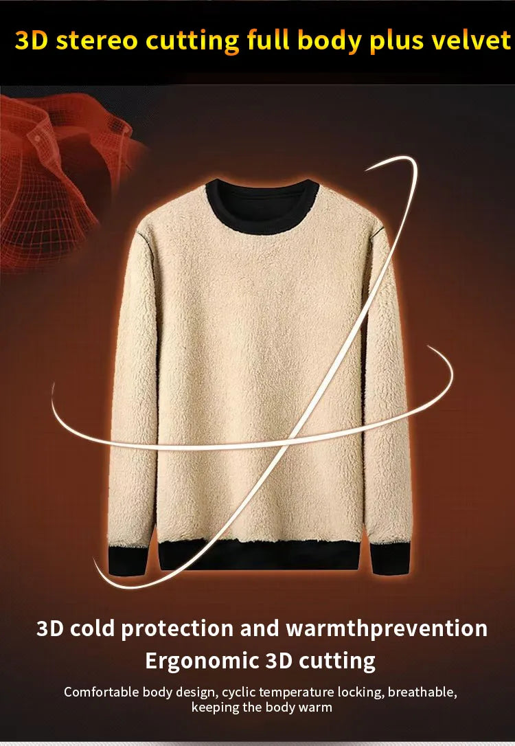 Men's wool lined autumn and winter warm T-shirt warm underwear round neck pullover sweatshirt thick long sleeved top