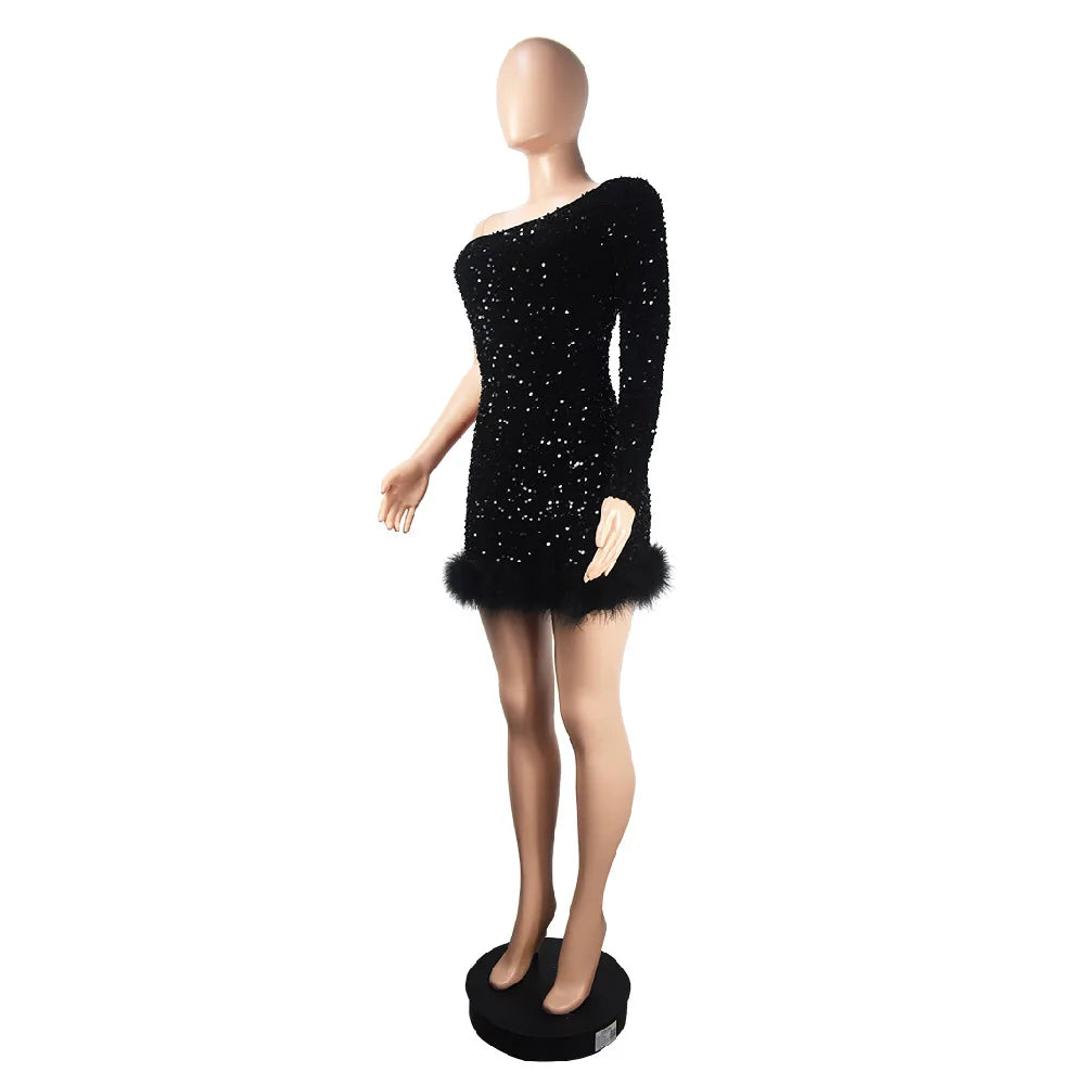 Sexy and Elegant Women's Party Dress Long Sleeved Diagonal Shoulder Off Shoulder Sparkling Edge Sequin Tight Women's Prom Dress