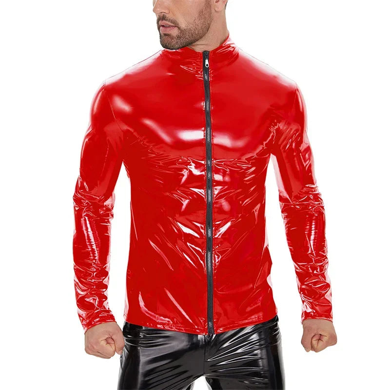Men High-gloss Patent Leather Shirt Autumn Winter Zipper Cardigan Blouse Male Stretch Windproof Outerwear Moto Biker Uniform 7XL
