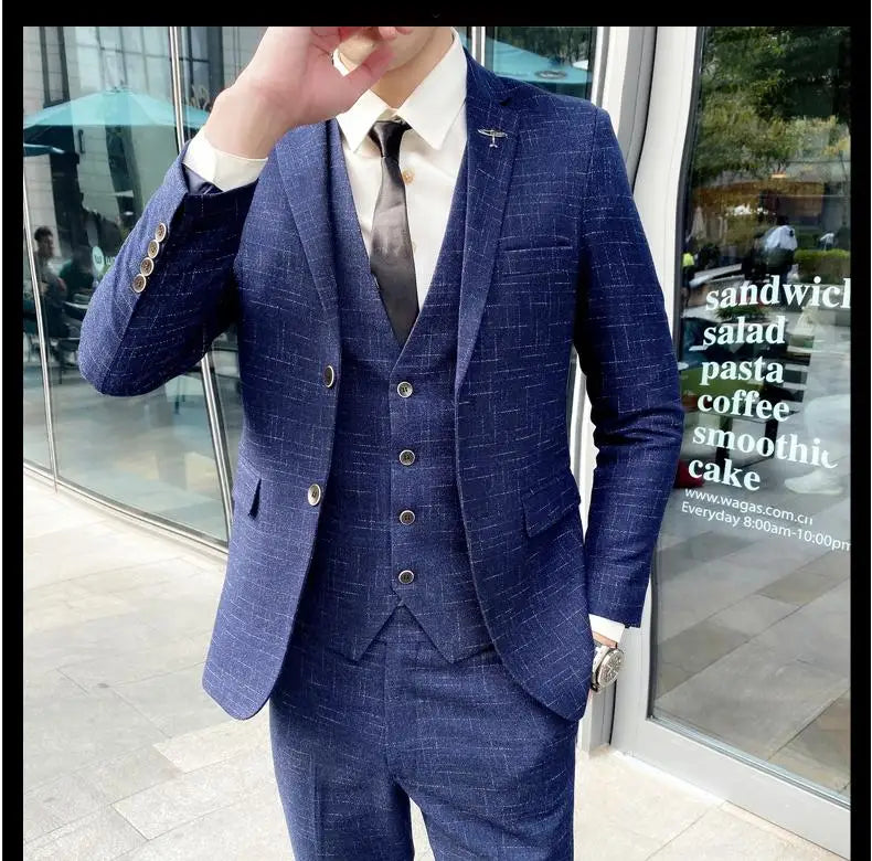 2023 Men's British Fashion Three-piece Set Slim Fit Suit Vest Trousers Ensemble Handsome Trendy All-in-one Banquet Blaze