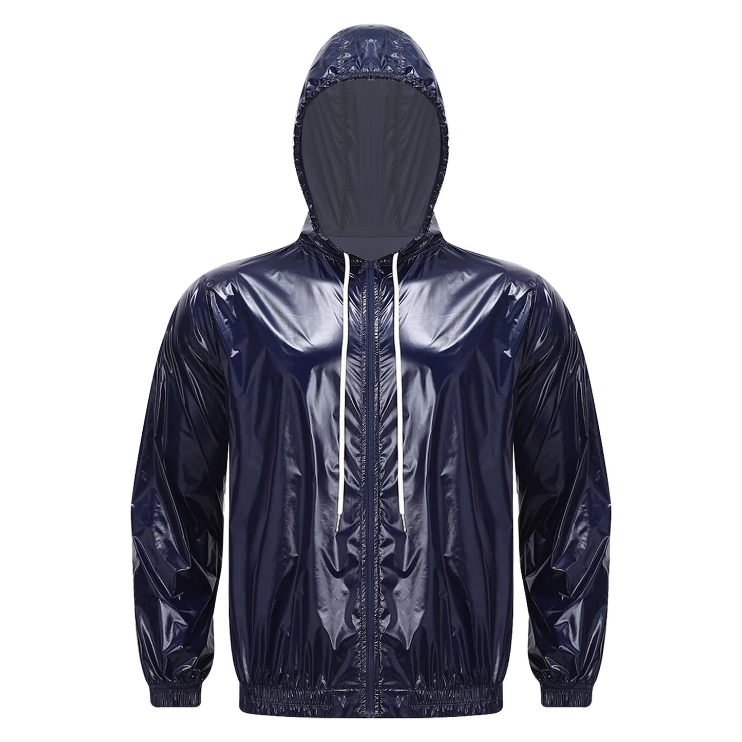 Men Shiny Glossy Hooded Jacket Windbreaker Raincoat for Hiking Fishing Biking Long Sleeve Front Zip-up Drawstring Hood Outerwear