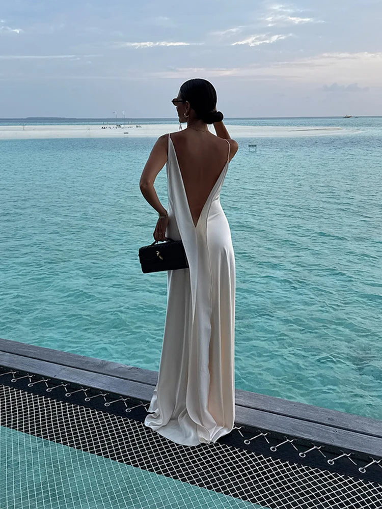 Women's Elegant Satin V Neck Long Dress Sleeveless Backless High Fork Robes Vacation Beach Maxi Vestidos 2026 New Lady Dresses