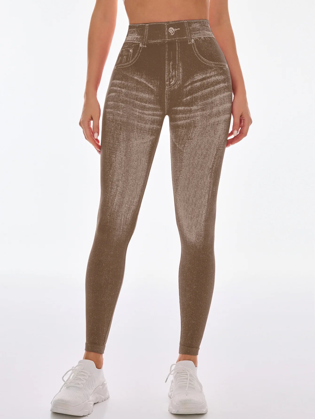 Women V Back Faux Denim Leggings For Gym Workout Athletic Yoga Pants Seamless