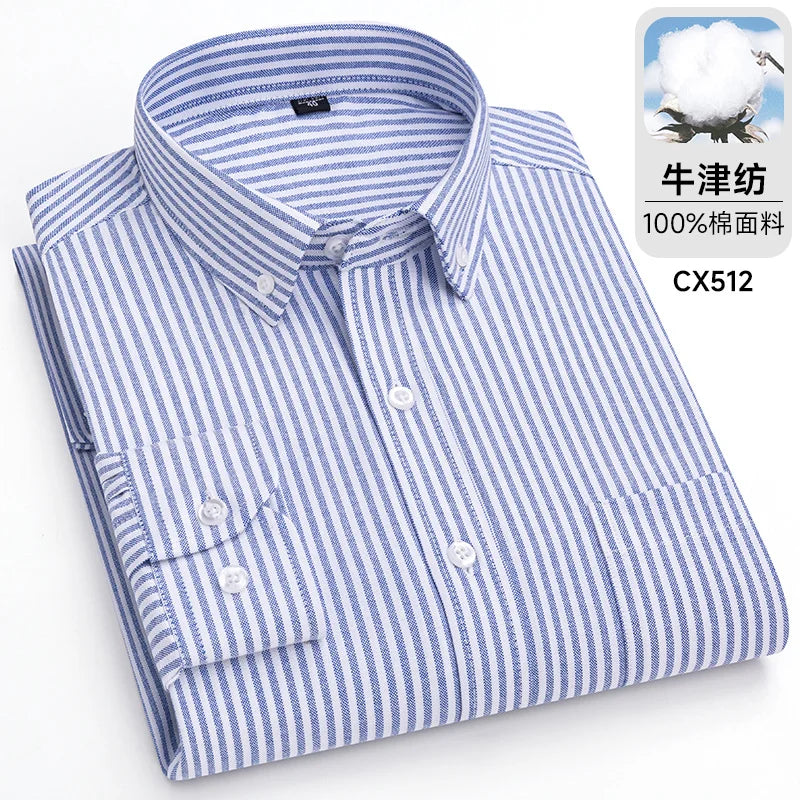 100%Pure Cotton Shirt Long Sleeve  Oxford Casual Solid Color Striped Regular Fit Formal Dress Shirt Men's Clothing 6XL 7XL