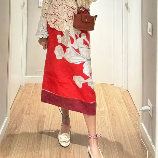 KONDALA Vintage Women Casual Spring Streetwear Skirt Red Split Dress Long Flower Loose Ladies Fashion 2025 Chic Straight  Skirt