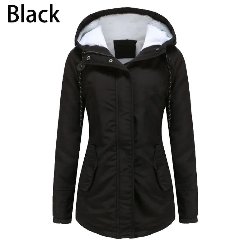 Winter warm coat Women's solid plush thickened jacket Outdoor hiking hooded windproof parka coat
