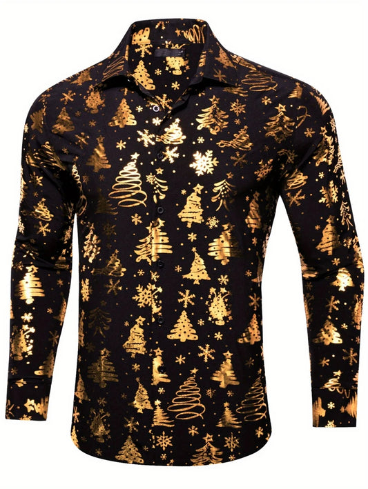 Christmas Theme Men's Golden Christmas Tree Elk 3D Print Formal Shirts Christmas Graphic Long Sleeve Shirt Fashion Men's Shirts