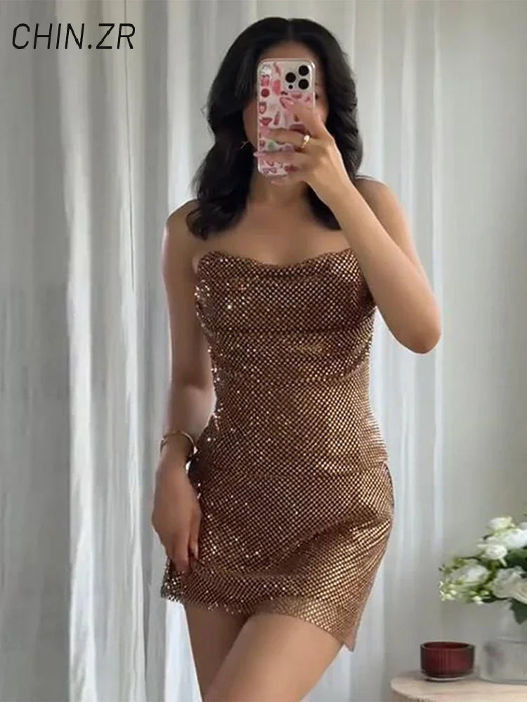 Sexy Rhinestone Strapless Vest Mini Skirt Sets Women Pleated Sleeveless Backless Tops Short A-line Skirts 2025 Summer Lady Suits