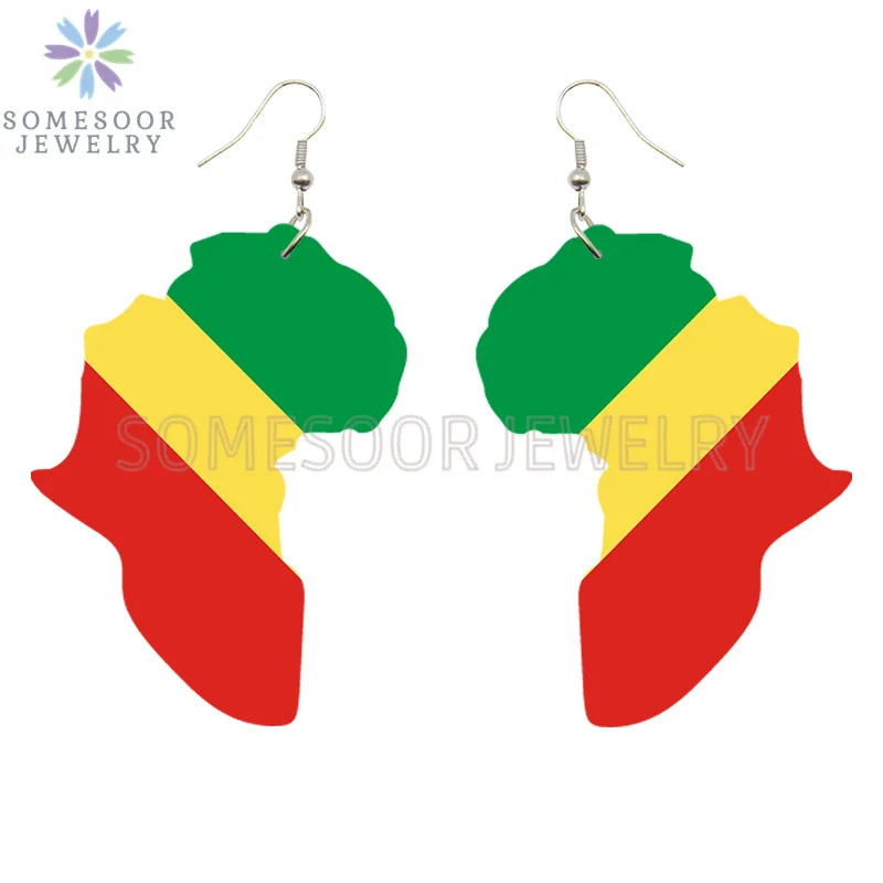 SOMESOOR Afro Countries National Flags Print Africa Map Wooden Drop Earrings Pendant For Women African Mainland Dangle Jewelry