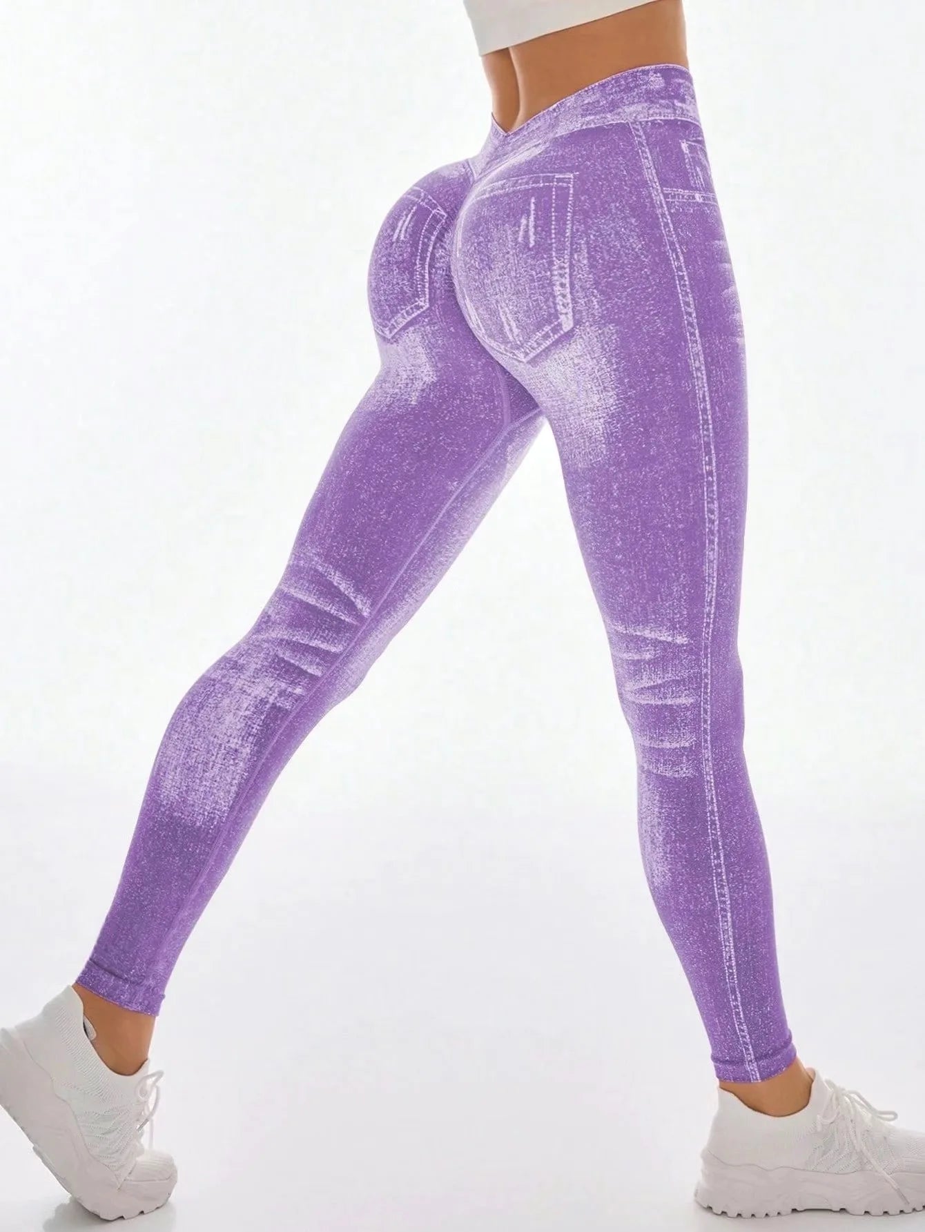 Women V Back Faux Denim Leggings For Gym Workout Athletic Yoga Pants Seamless