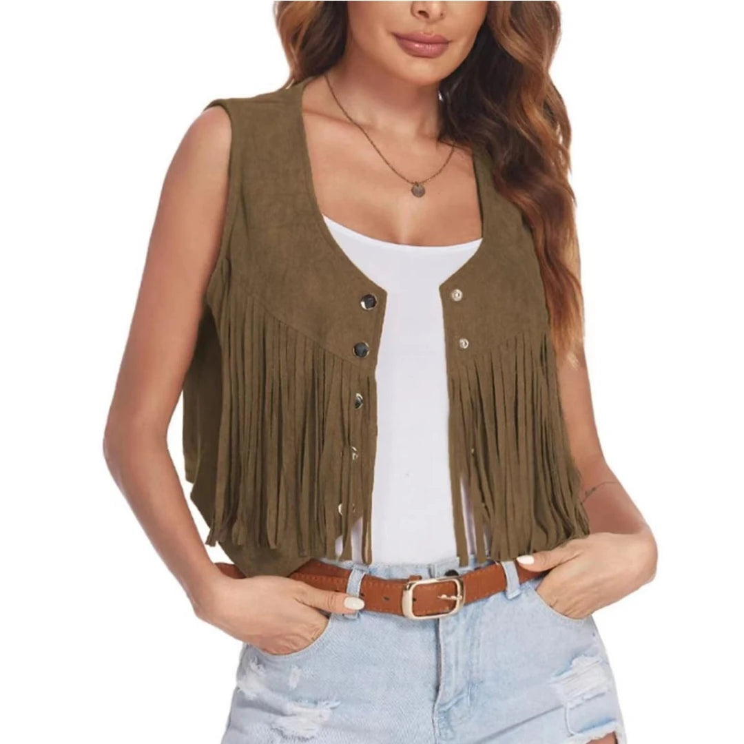 Women Faux Suede Ethnic Sleeveless For Jacket Rivet Fringe Tassels Hippie Open Front Cardigan Vintage Cowgirl Waistcoat Vest