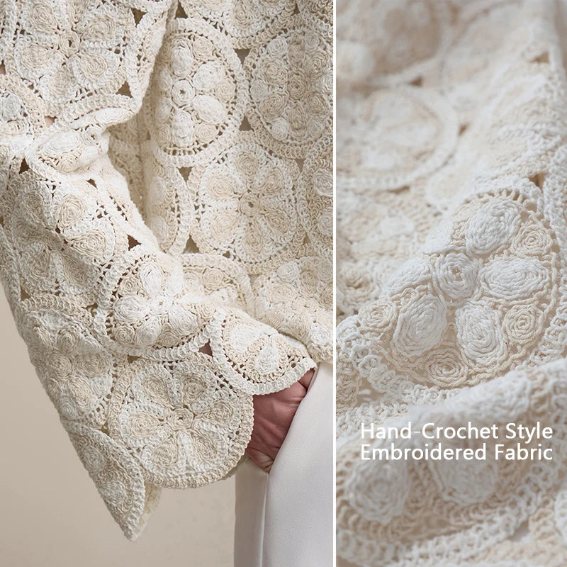 Amii Women Jackets 2026 Spring New Elegant Round Neck Hollow Crochet Jacket Women's Loose Short Cotton Long Sleeve Tops 12621069