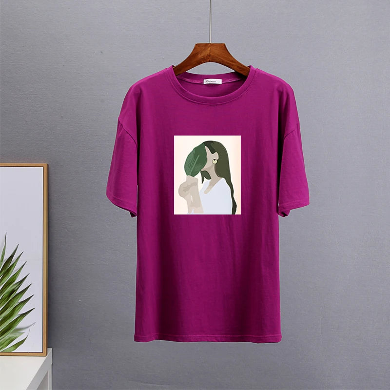 Hirsionsan Harajuku Printed T Shirt Women 2023 Summer Chic Tees 100% Cotton Elegant Graphic Clothes Loose Casual Pullover Tops