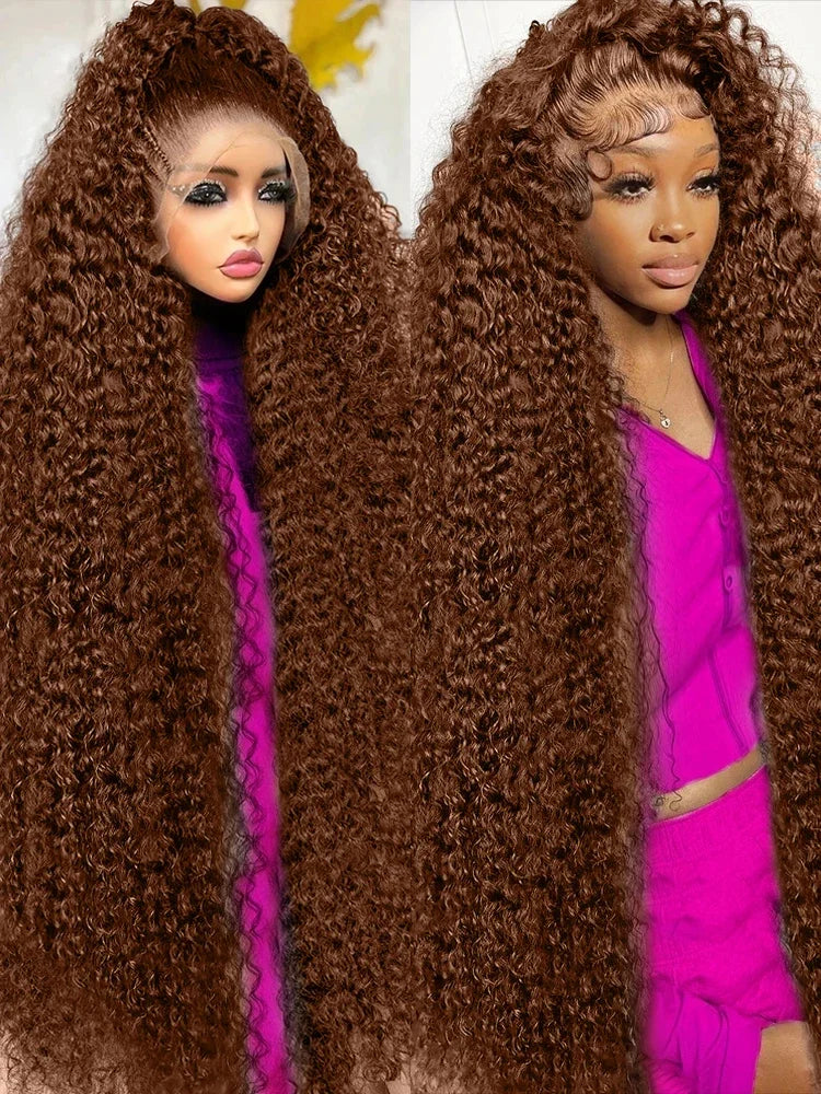 Chocolate Brown Deep Wave 40 Inch Curly Water Wave Wigs 13×6 5x5 HD Deep Wave Lace Front Human Hair Wig For Women