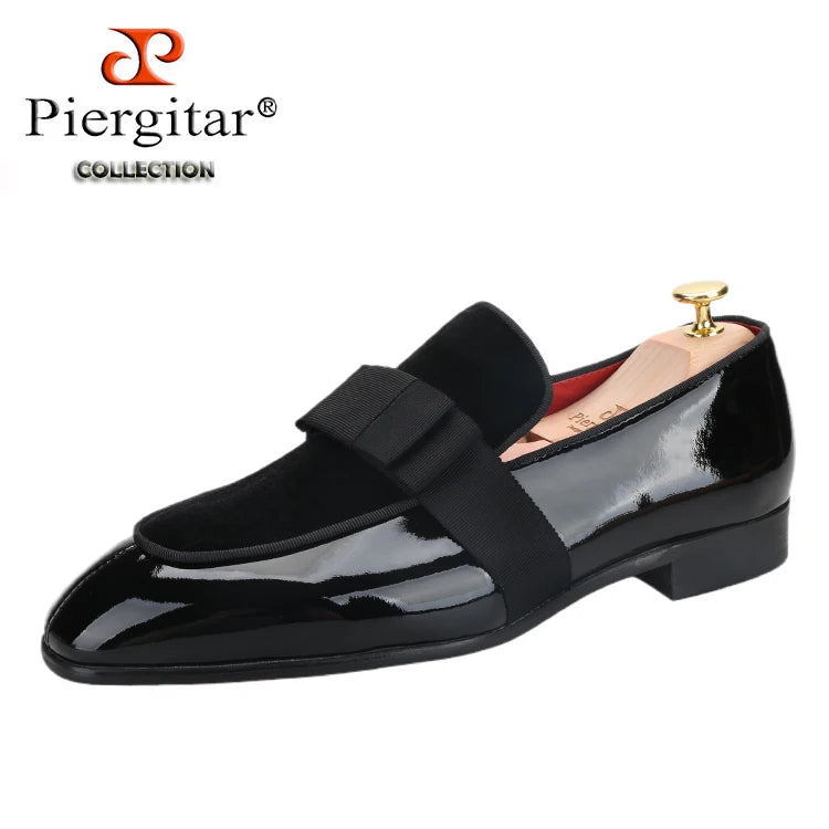 Black Patent Calfskin And Velvet Hand Stitching Men’s Dress Shoe With Grosgrain Ribbon Bow Adorns CL Brand Couture Loafer