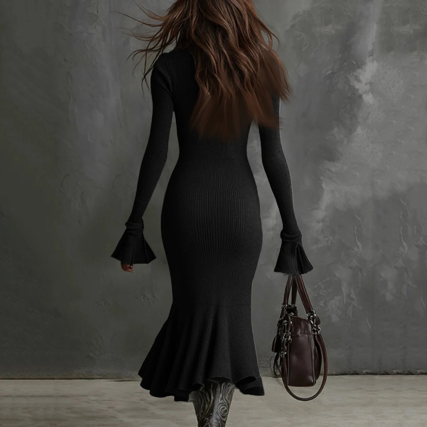 Fall Winter Sweater Dress Quarter Zip Bell Sleeve Mermaid Knit Bodycon Long Dress Trendy Chic Slim Fit Flared Hem Party Dress