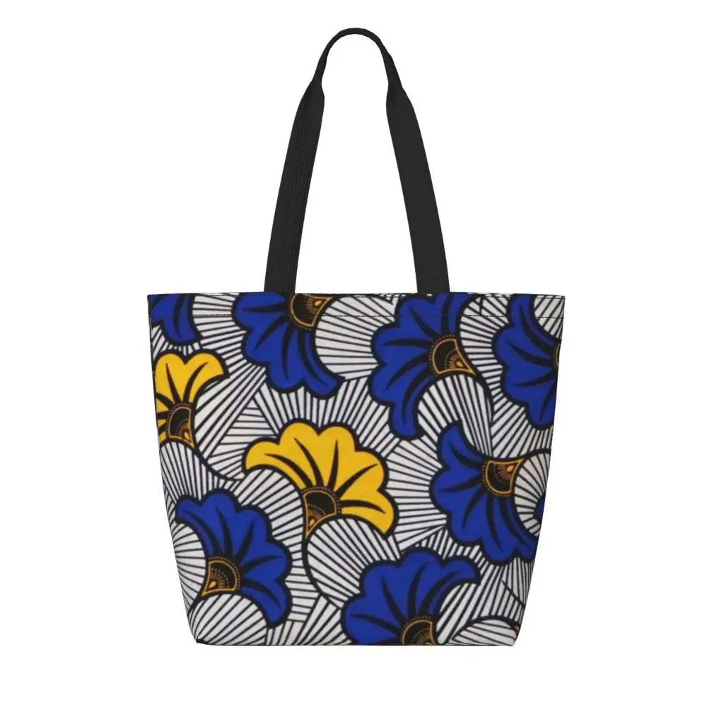 African Ankara Prints Grocery Shopping Tote Bags Women Geometric Ethnic Art Canvas Shoulder Shopper Bags Big Capacity Handbag