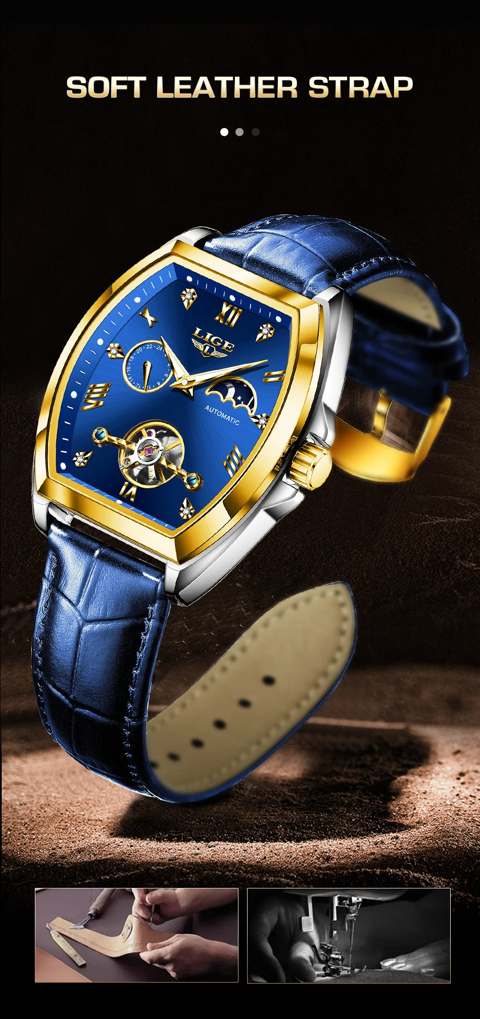 LIGE Luxury Mens Rectangular Dial Mechanical Watches Waterproof Leather Automatic Luminous Watch Business Men relogios masculino