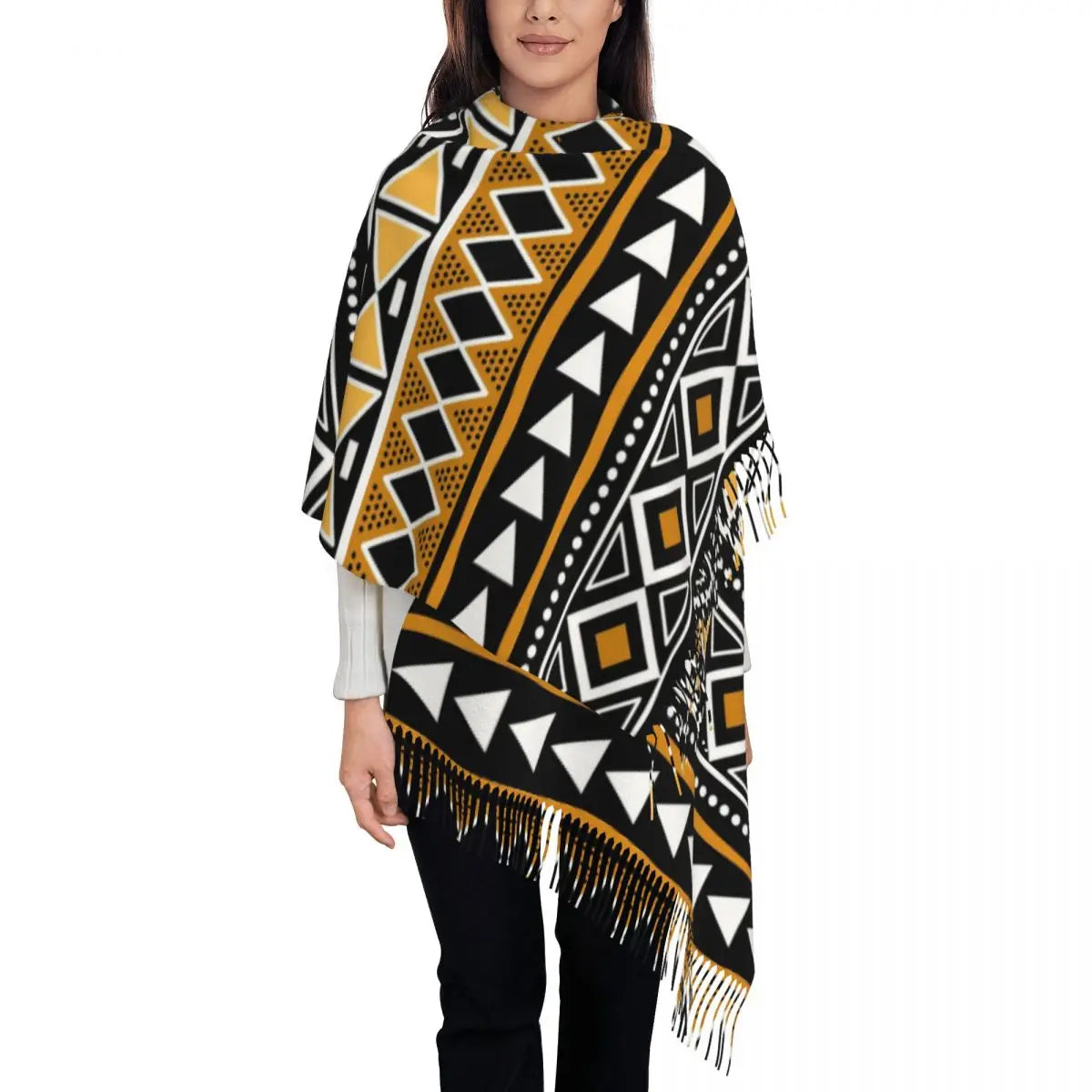 African Bogolan Africa Ethnic Tribal Art  Scarf Tassel Scarves Women Soft Warm Shawls and Wraps Large Fall Winter Shawl Wrap
