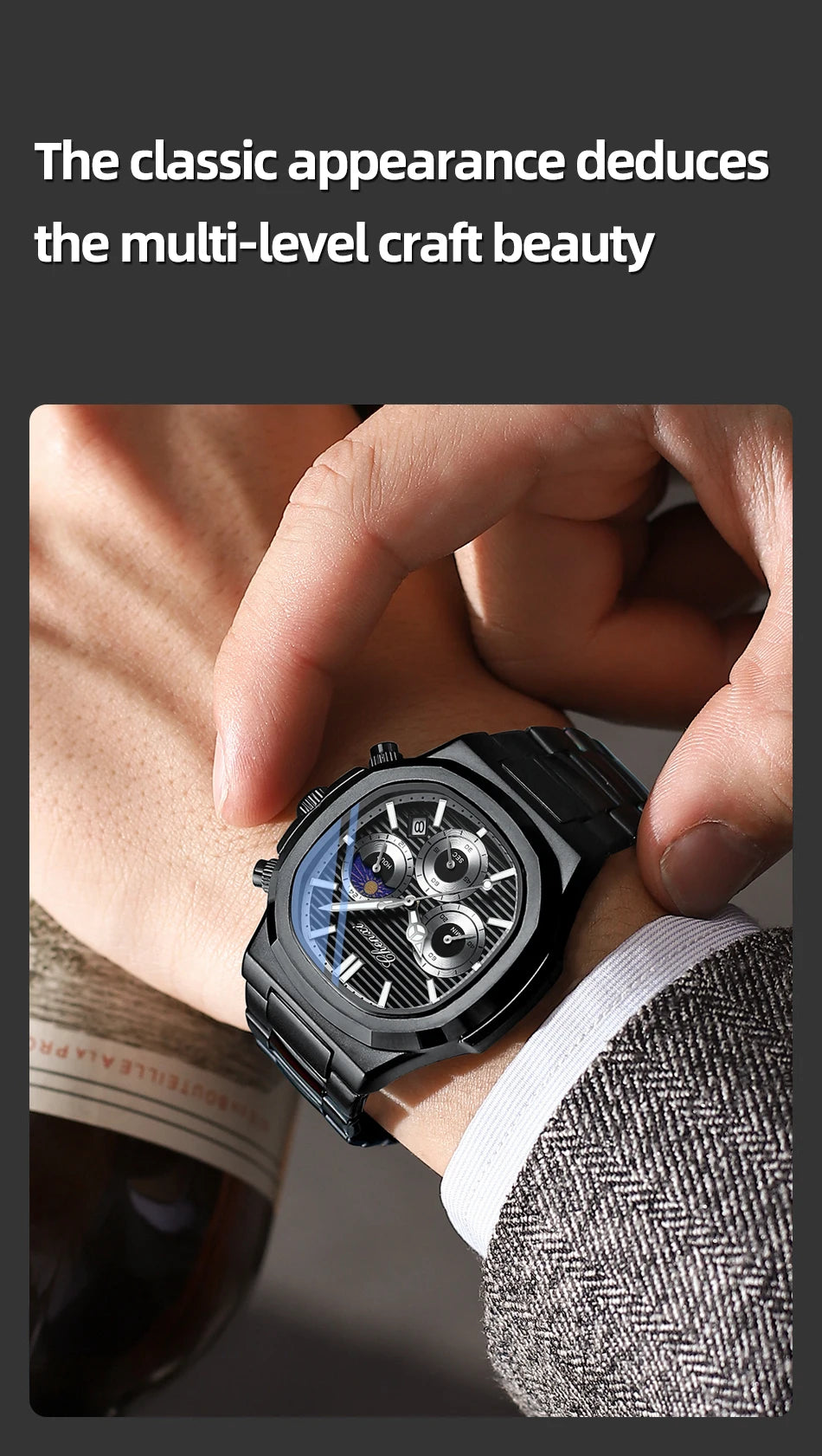 CHENXI Fashion Luxury Men's Watches Stainless Steel Quartz Movement Waterproof Calendar Moon Phase Chronograph Watch for Men