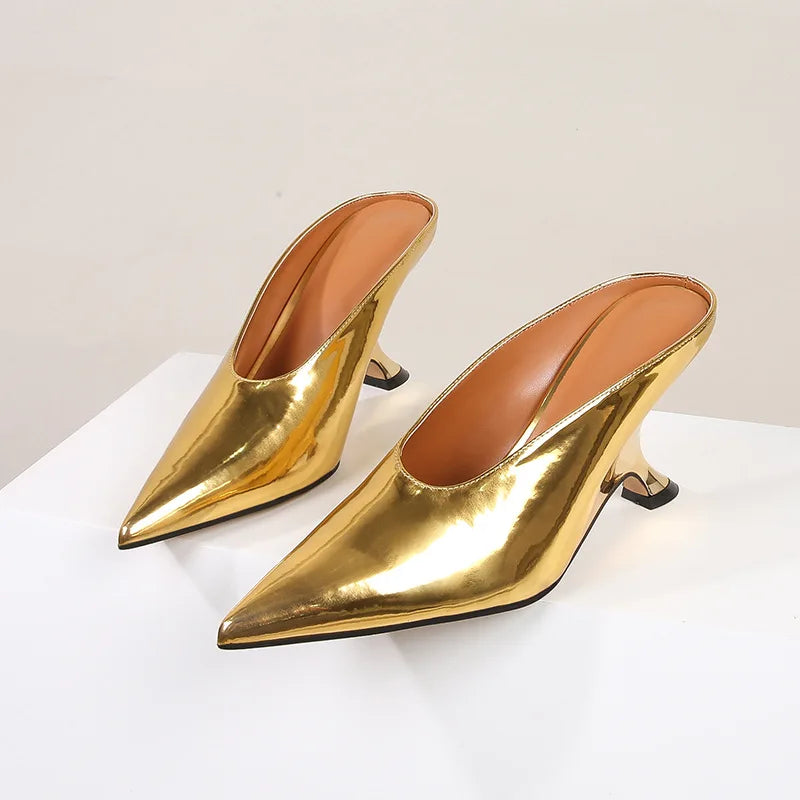 Pointed Toe Women Slippers Shoes Designer Shallow Wedges 9cm High Heels Banquet Mule Zapatos De Mujer