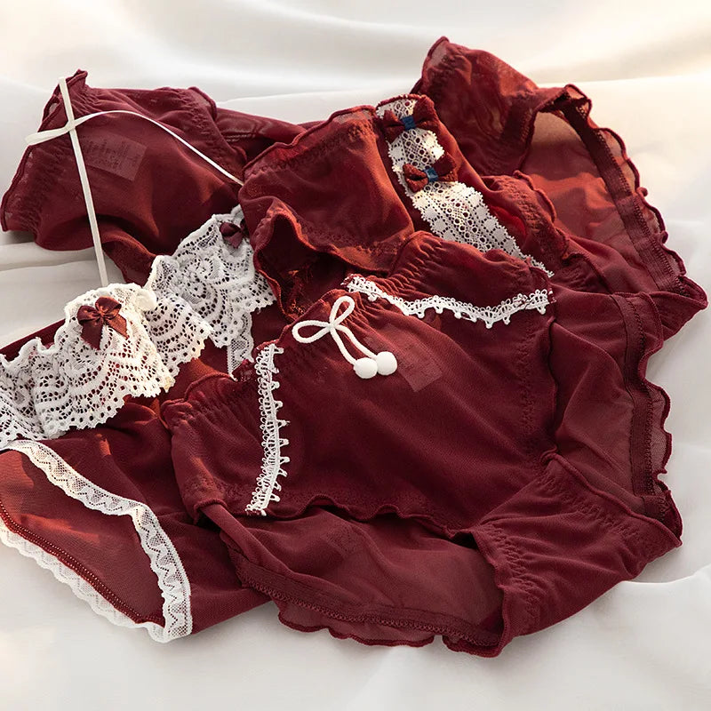 L-XL Women's Underwear Panty Sexy Lace Panties Bowknot Wine Red Brief Med Waist Seamless Underpants Female Lingerie Panties