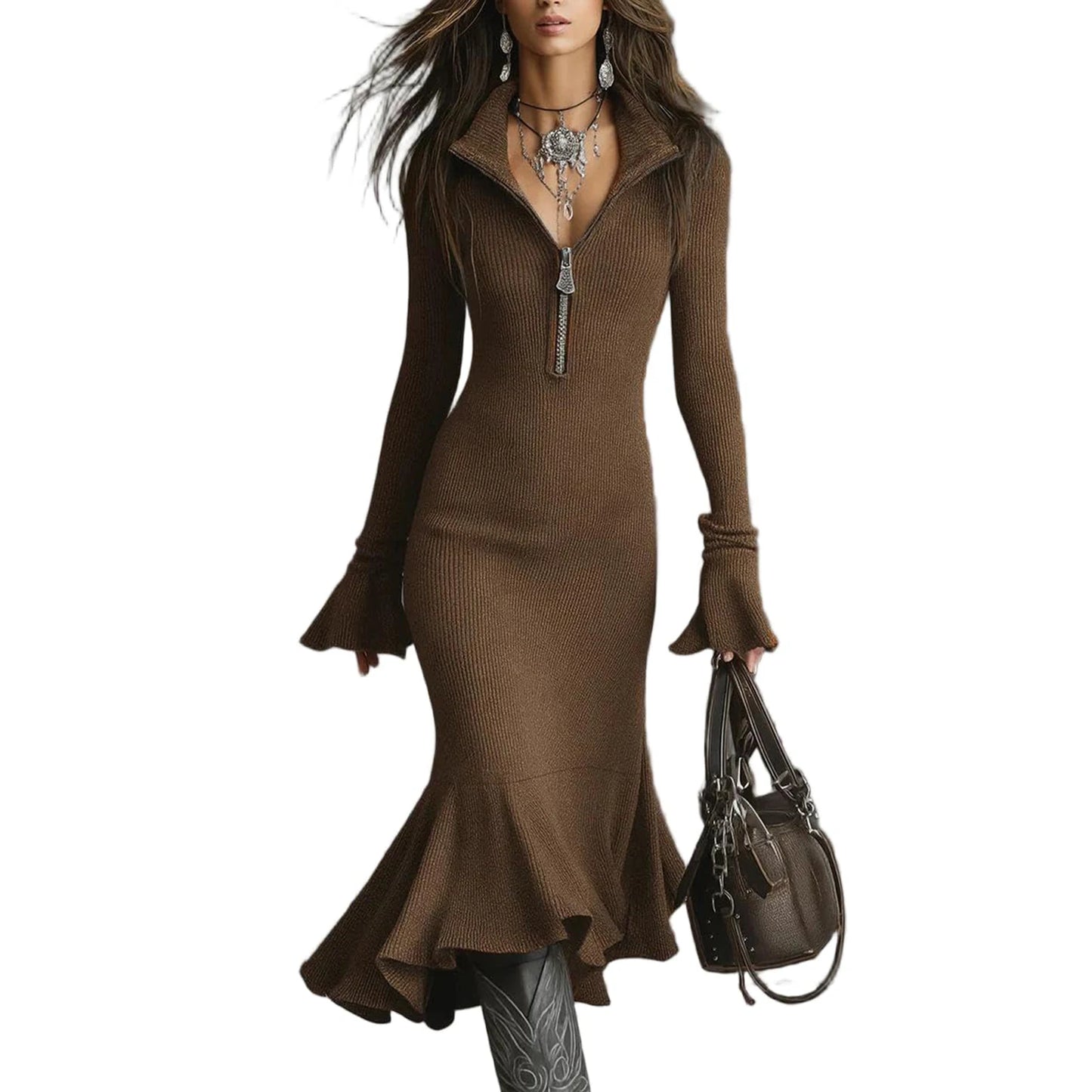 Fall Winter Sweater Dress Quarter Zip Bell Sleeve Mermaid Knit Bodycon Long Dress Trendy Chic Slim Fit Flared Hem Party Dress