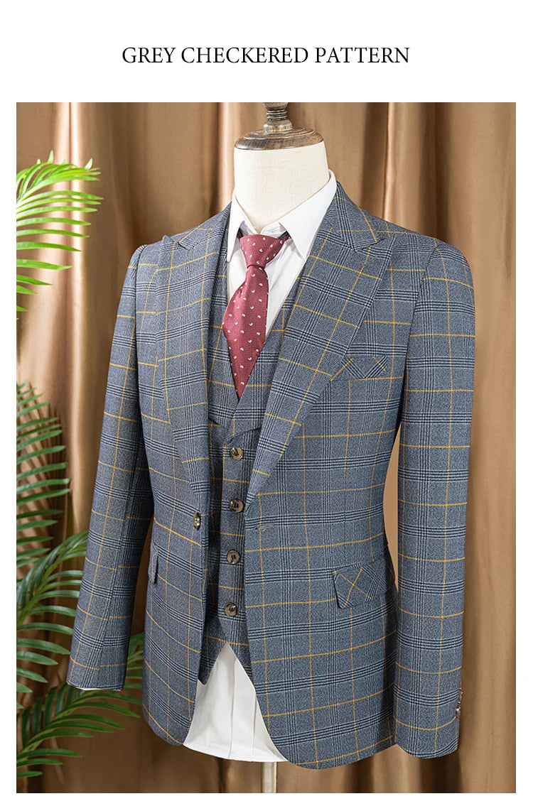 ST Cassy high quality 3 Piece Checkered Suit Set Men Stylish Business Office Wedding Formal Outfit full Elegant man suit