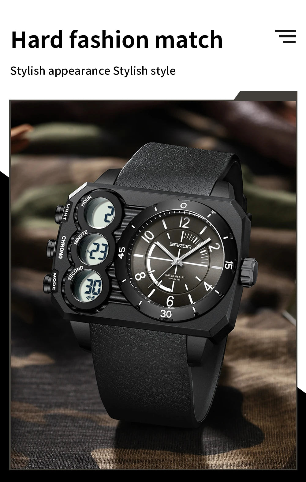 SANDA Men Watch Square Big Dial Waterproof Double Display Wristwatch Man Chronograph Digital Clock Men's Military Quartz Watches
