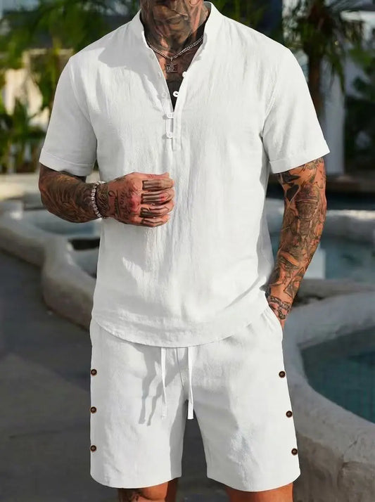 Summer linen shirt set for men, casual outdoor two-piece set, home wear pajamas, comfortable and breathable, beach short-sleeved