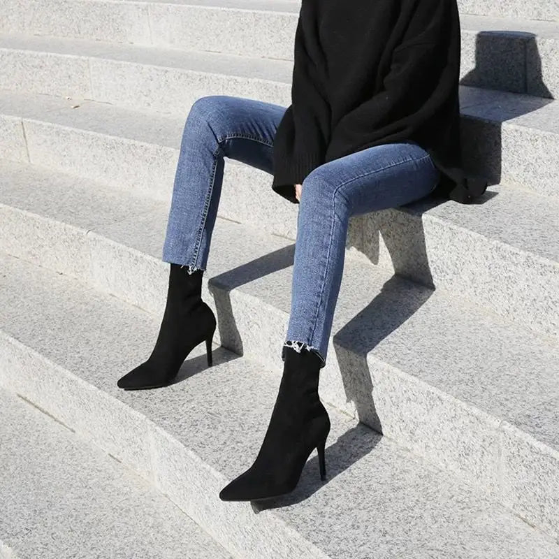 Comemore 2021 Autumn Winter High Heel Women's Shoes Pointed Toe Stiletto Ankle Boots Stockings Black Girls' Socks Boots Dress 34