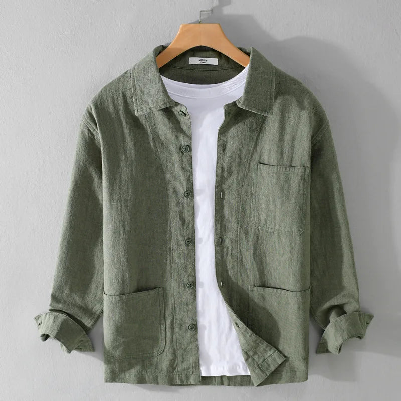 Autumn Retro Tooling Linen Jacket For Men Japanese Styles Sold Color Simple Versatile Multi-pocket Male Thin Jackets and Coats